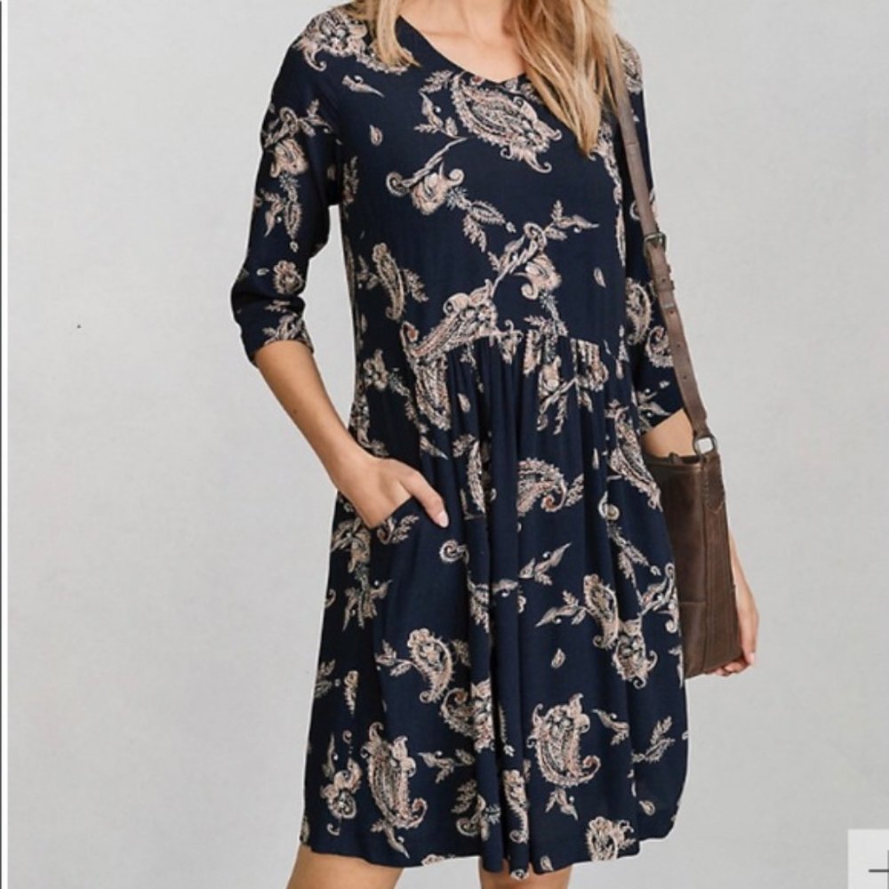 Garnet Hill Navy Blue Bohemian Pocket 3/4 Sleeve Pink Paisley Print Dress Sz 2